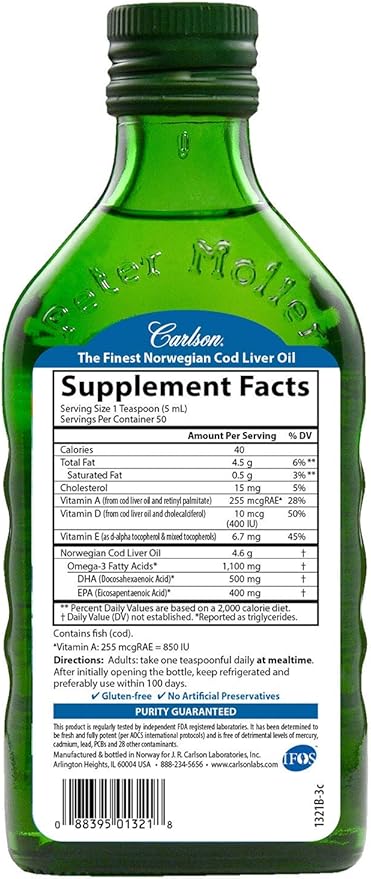 Carlson - Cod Liver Oil, 1100 Omega-3s, Plus D3, Wild 250 mL (8.4 Fl
