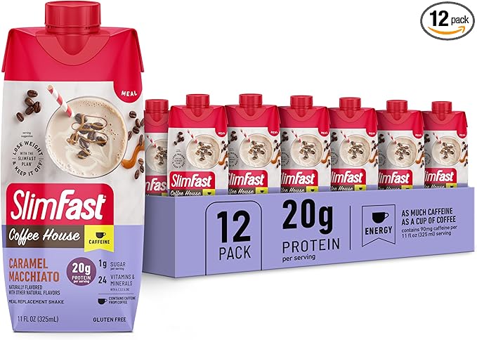 SlimFast Protein Shake with Caffeine, Caramel 20g Protein, 24 Vitamins 12)