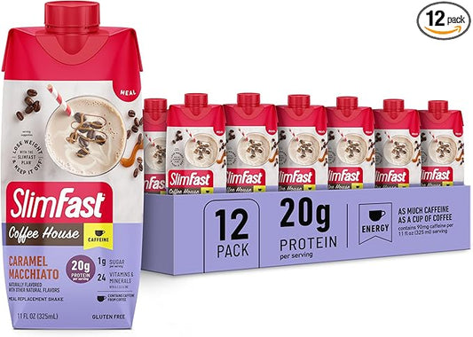 SlimFast Protein Shake with Caffeine, Caramel 20g Protein, 24 Vitamins 12)