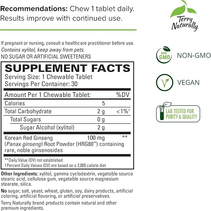 Terry Naturally HRG80 Red Ginseng Energy 30 Chewable HRG80 - 30 Servings