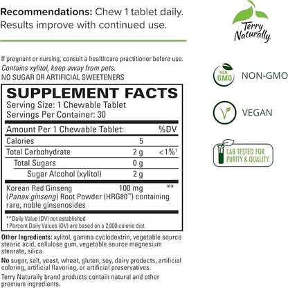 Terry Naturally HRG80 Red Ginseng Energy 30 Chewable HRG80 - 30 Servings
