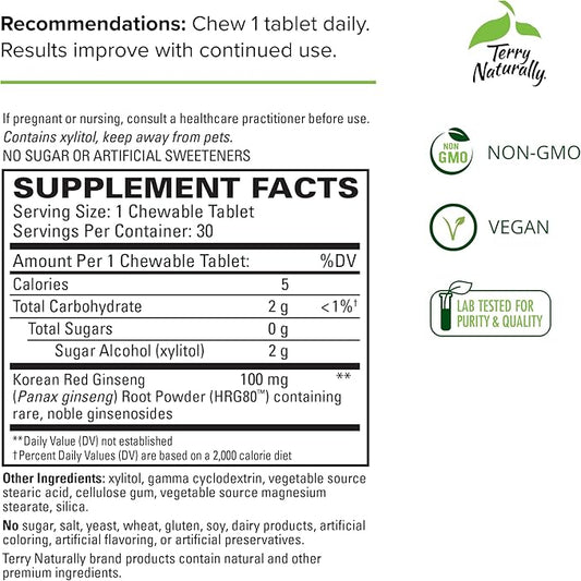 Terry Naturally HRG80 Red Ginseng Energy 30 Chewable HRG80 - 30 Servings