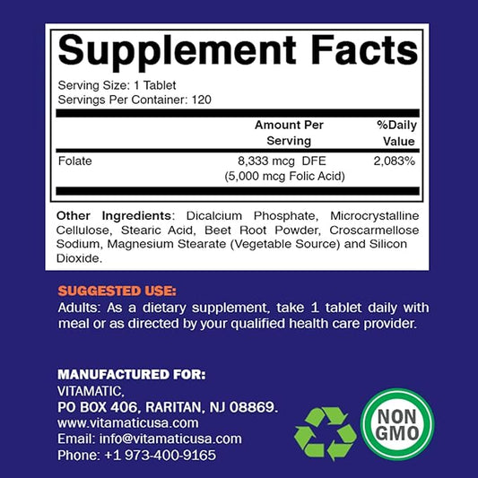 Vitamatic 2 Pack Folic Acid 5mg (5000 mcg) - 120 Vegetarian Tablets - (Vitamin B9 Folate) (Total 240 Tablets)