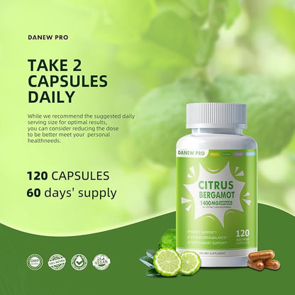 Organic Citrus Bergamot 1400mg, 120 Capsules -Citrus Bergamia - Essential Oil and Citrus Bioflavonoids - Natural Heart Health Supplements for Women and Men - Non-GMO Pills