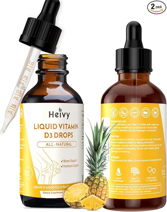 Liquid Vitamin D Drops, Pineapple Flavour Vitamin D3 100 mcg (4000 IU) Per Serving, Bone & Immune Support, Vegan, Gluten-Free, Non-GMO, 2 Fl Oz/60ml (Pack of 2)