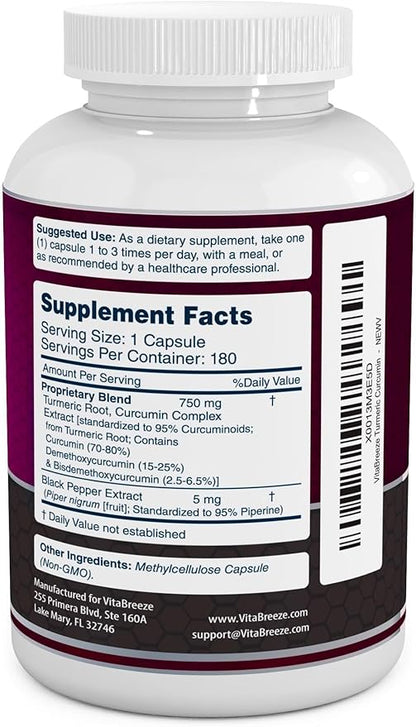 Turmeric Curcumin Complex with Black Pepper Extract 755mg per 180 Veg. 95% Standardized