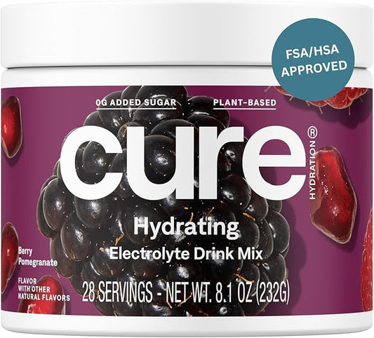 Cure Hydration | Plant-Based Electrolyte Drink Mix | No Added Sugar | FSA & HSA | Dehydration Relief Powder Made with Coconut Water | Non-GMO | Vegan | 28 Servings Jar - Berry Pomegranate