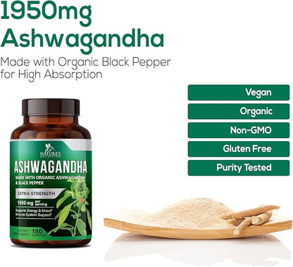 Nature's Nutrition Organic Ashwagandha Capsules Extra 1950mg - 180 Capsules