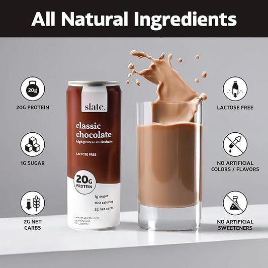 Slate Milk - High Protein Milk Shake - Classic Chocolate - Lactose Free, 20g Protein, 1g Sugar, 100 Calories, 2g Net Carbs, No Added Sugar - Natural, Breakfast Boost, Post Workout - 11 fl oz, 48 Cans