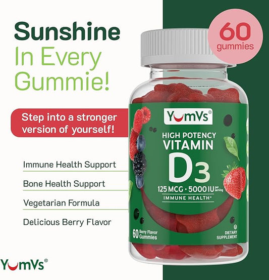 Vitamin D3 Jellies by YumV's | Vitamin D 5000 IU | Daily Dietary Supplement for Men and Women | Mixed Berry Flavor Chewable Jellies | Vegetarian, Gluten-Free, Kosher, Halal | 60 Count