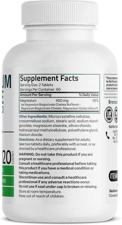 Bronson Magnesium Glycinate 400mg Extra Strength, Vegetarian, Chelated for Absorption Gentle on The Stomach, Non-GMO, 120 Tablets