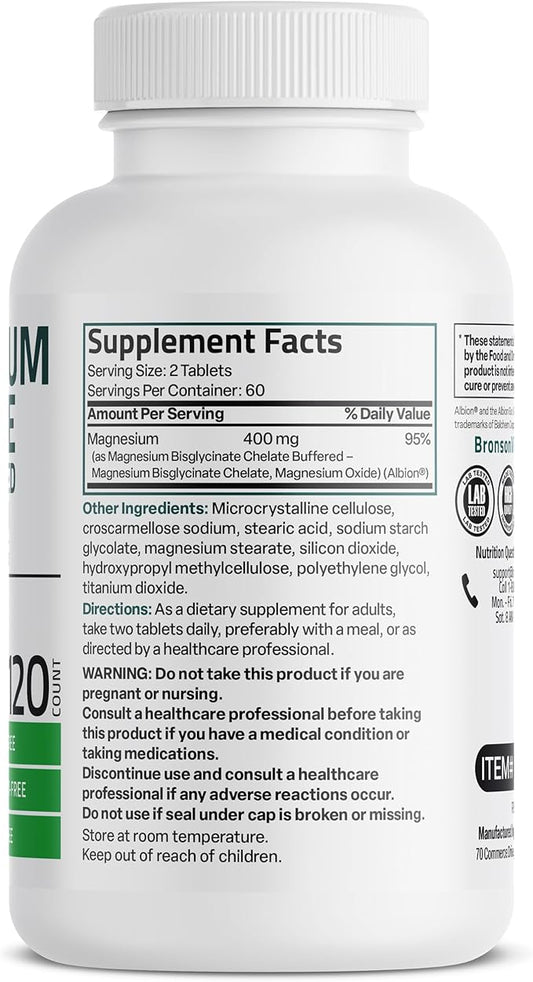 Bronson Magnesium Glycinate 400mg Extra Strength, Vegetarian, Chelated for Absorption Gentle on The Stomach, Non-GMO, 120 Tablets