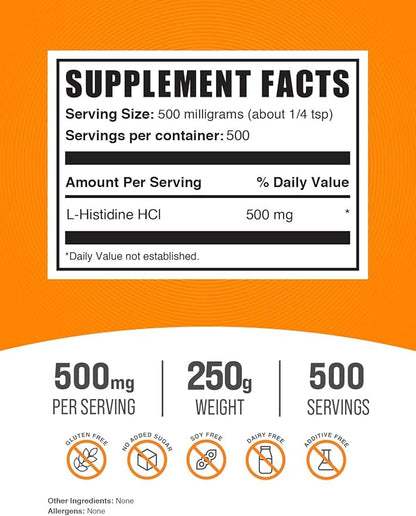 BulkSupplements.com L-Histidine HCl Powder - L-Histidine Supplement, Histidine 500mg - Essential Amino Acid, Gluten Free, 500mg per Serving, 250g (8.8 oz) (Pack of 1)