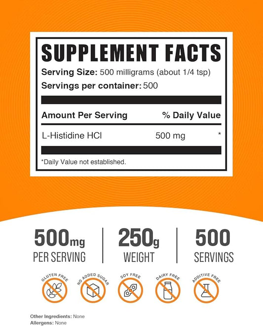 BulkSupplements.com L-Histidine HCl Powder - L-Histidine Supplement, Histidine 500mg - Essential Amino Acid, Gluten Free, 500mg per Serving, 250g (8.8 oz) (Pack of 1)
