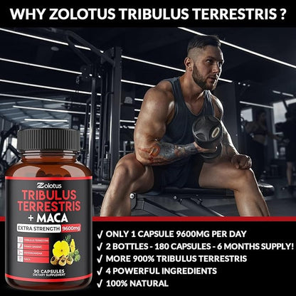 Zolotus 2 Packs Premium Tribulus Terrestris + Maca, 6 Months Supply with Ashwagndha, Ginseng, Boost Energy, Mood, Stamina & Performance, for Men & Women