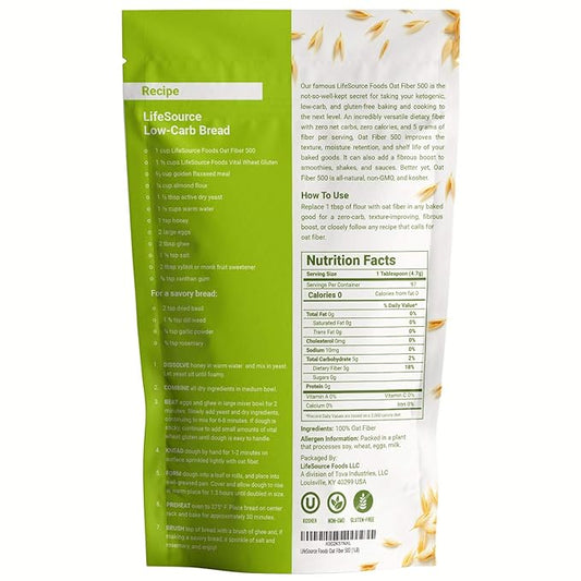 LifeSource Foods Oat Fiber 500 (1 LB) Keto, Zero-Carb, Gluten-Free, All-Natural Fiber for Low-Carb Baking and Bread, OU Kosher, Resealable Pouch