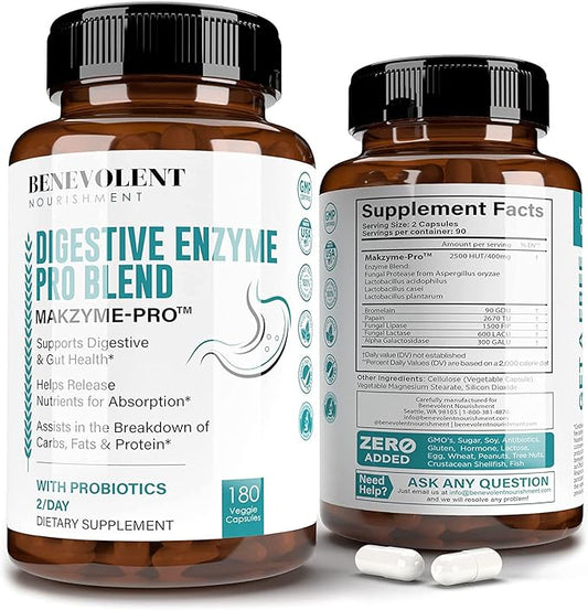High Fiber Digestive Enzymes Supplement 180 Capsules, 2500HUT Makzyme-Pro