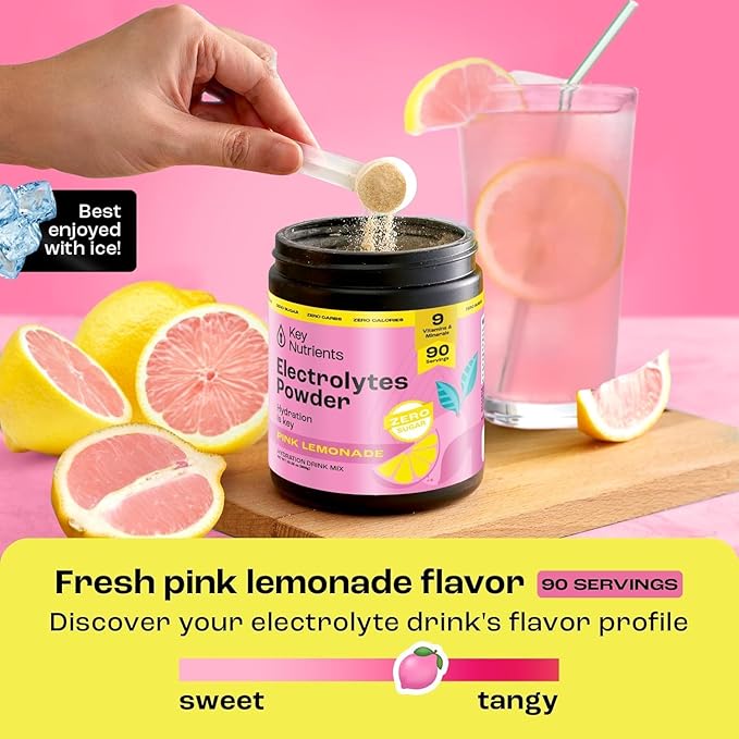 KEY NUTRIENTS Multivitamin Electrolytes Powder No Sugar - Fresh Pink Lemonade Electrolyte Powder - Endurance & Energy Supplement - Hydration Powder - No Calories - 90 Servings - Made in USA