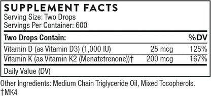 THORNE - Vitamin D + K2 Liquid with a metered Dispenser - Vitamins D3 and K2 to Support Healthy Bones and Muscles* - 1 Fl Oz (30 ml) - 600 Servings