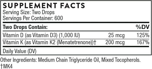 THORNE - Vitamin D + K2 Liquid with a metered Dispenser - Vitamins D3 and K2 to Support Healthy Bones and Muscles* - 1 Fl Oz (30 ml) - 600 Servings