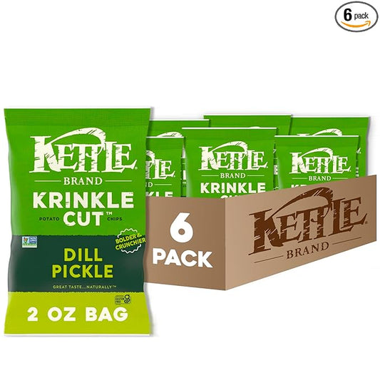 Kettle Brand Potato Chips, Krinkle Cut, Dill Pickle Kettle Chips, Snack Bag 2 Oz (Pack of 6)