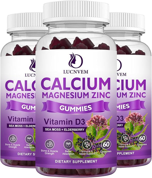 Calcium Magnesium Zinc Gummies witn Elderberry 2:1, Contains D3, for 60 Gummies(3 Gummies(3 Packs)