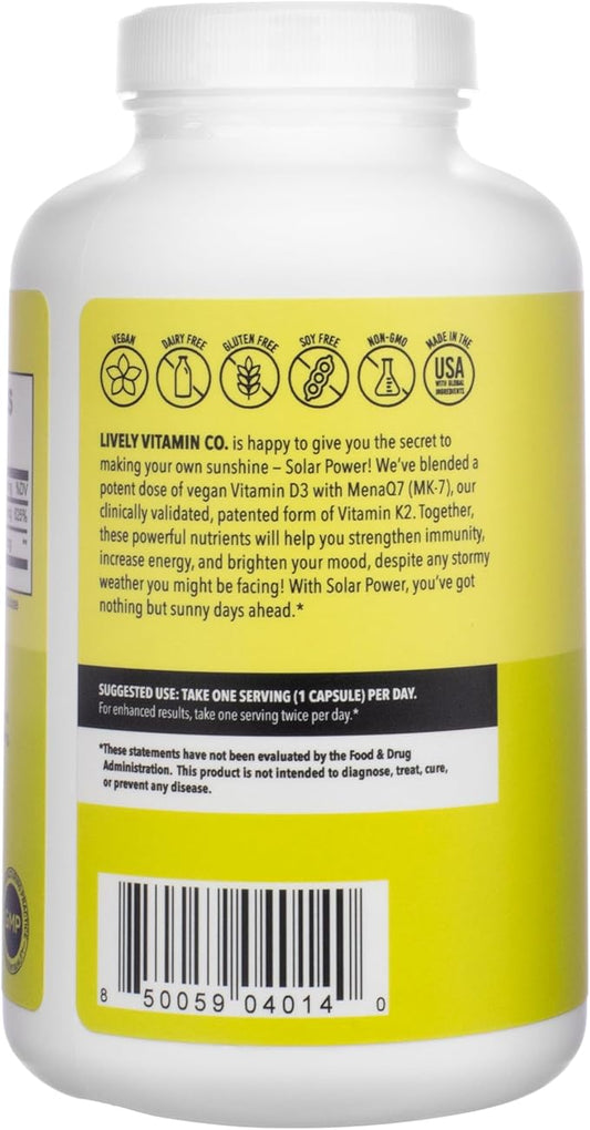 LIVELY VITAMIN CO. Solar Power Vitamin D3 5000 iu - Patented Vitamin K - MK7 - Immune Balance - Brain Function - Mood - Heart - Stress - 180 Count