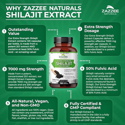 Zazzee 100% Pure Organic Himalayan Shilajit 20:1 Extract, 7000 mg Strength per Capsule, 50% Fulvic Acid, 120 Servings per Bottle, 20X Potency, Rich in Trace Minerals, Non-GMO, Vegan, Made in The USA