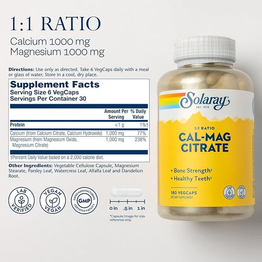 Solaray Calcium Magnesium Citrate 1:1 Ratio, 30 Serv, 180 VegCaps