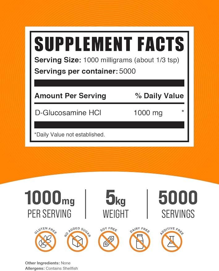 BulkSupplements.com Glucosamine HCl Powder 1000mg, Glucosamine 1000mg per 5kg (11 (11 lbs) 5)