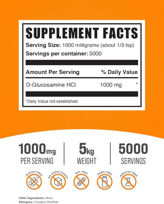 BulkSupplements.com Glucosamine HCl Powder 1000mg, Glucosamine 1000mg per 5kg (11 (11 lbs) 5)