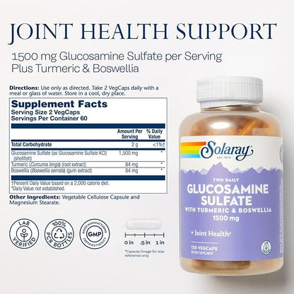 SOLARAY Glucosamine Sulfate 1500mg, Healthy Joint 60-Day Money 60 Serv, 120 VegCaps