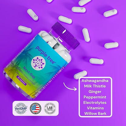 purple tree Next Day, Post-Celebration Wellness - Take Tomorrow | Replenish & Feel Your Best | Ashwagandha, Ginger, Peppermint, Milk Thistle, Electrolytes, Vitamins, 90 Pills