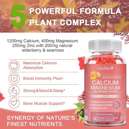 1200mg Calcium Gummies with D3,K2,Zinc - Plant Complex Calcium Magnesium Supplement with Glycinate,Potassium,Vitamin C &Whole Natural Food for Bone & Immune Support- 120 Chewable Gummy Sugar-Free