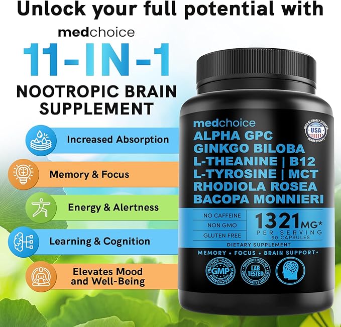 11-in-1 Nootropic Brain Supplements: Memory & Focus Supplement with Ginkgo Biloba, L Theanine, Bioperine, & Alpha GPC Choline - 1321mg, 60ct - Stimulant Free, Vegan - Focus Brain Support (2 pack)