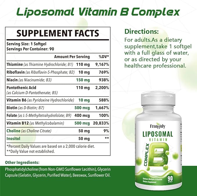 Active B Complex Liposomal B Vitamins with Plus Choline Inositol High Potency B Complex B1, B2, B3, B5, B6, Biotin, Folate, B12 Methylcobalamin- Supports Energy and Brain Health - 270 Softgels