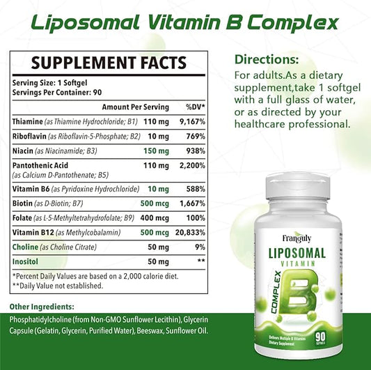 Active B Complex Liposomal B Vitamins with Plus Choline Inositol High Potency B Complex B1, B2, B3, B5, B6, Biotin, Folate, B12 Methylcobalamin- Supports Energy and Brain Health - 270 Softgels