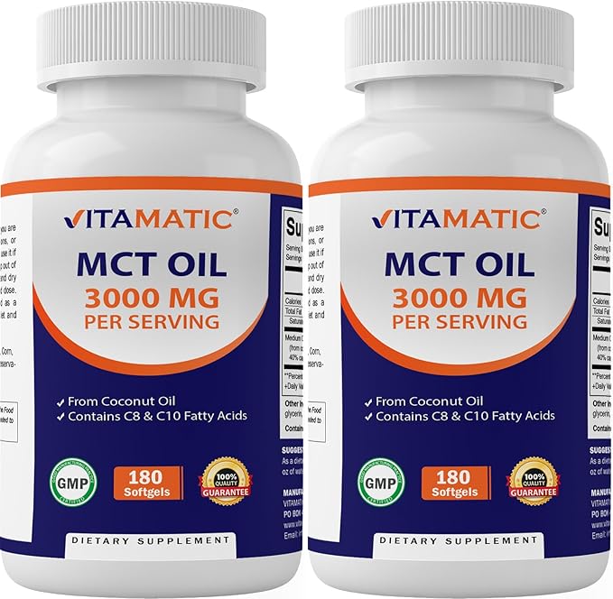 Vitamatic 2 Packs MCT Oil Capsules 3000 mg per Serving - 180 Softgels - from Coconut Oil - Contains 55% caprylic Acid C8 and 40% capric Acid C10 (Total 360 Softgel)