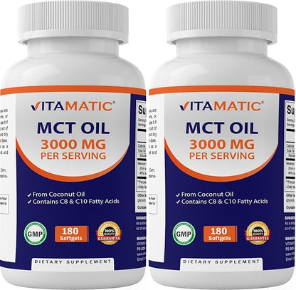 Vitamatic 2 Packs MCT Oil Capsules 3000 mg per Serving - 180 Softgels - from Coconut Oil - Contains 55% caprylic Acid C8 and 40% capric Acid C10 (Total 360 Softgel)