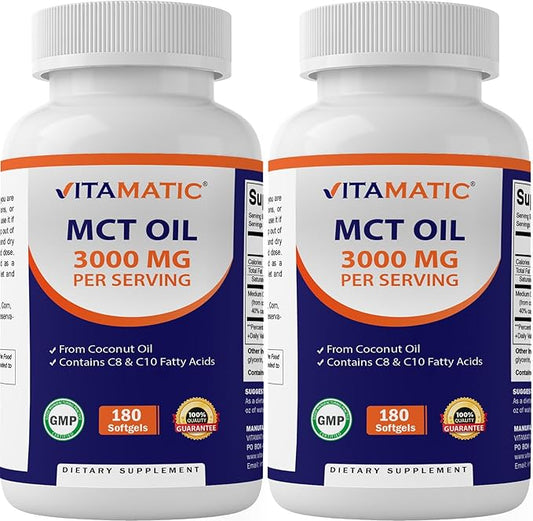 Vitamatic 2 Packs MCT Oil Capsules 3000 mg per Serving - 180 Softgels - from Coconut Oil - Contains 55% caprylic Acid C8 and 40% capric Acid C10 (Total 360 Softgel)