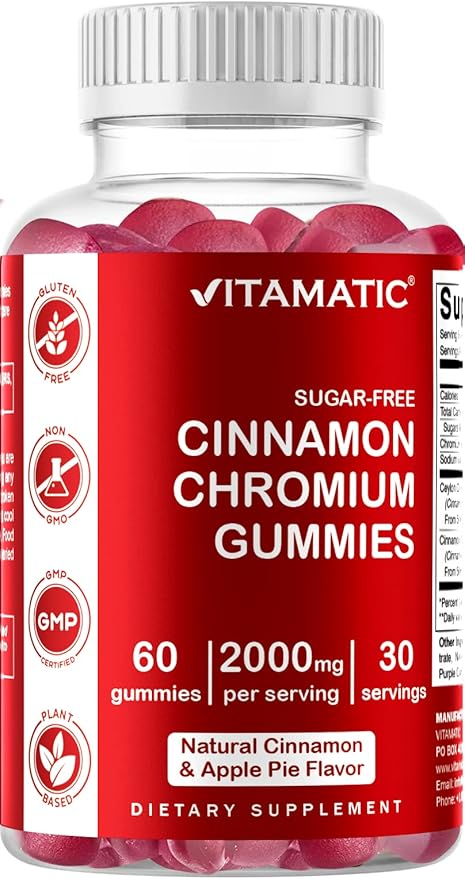 2 Pack - Vitamatic Sugar Free Chromium Gummies with Ceylon Cinnamon - 2000 mg per Serving - Non-GMO - Gluten Free - 60 Vegan Gummies
