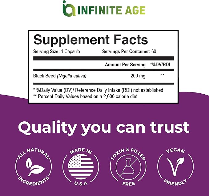 INFINITE AGE Dry Organic Black Seed Oil Extract Capsules - Nigella Sativa Seed Extract Immune Booster, for Optimal Skin, Hair, Memory, Focus, Brain Health & Immunity - Thymoquinone Capsules, 60 Count