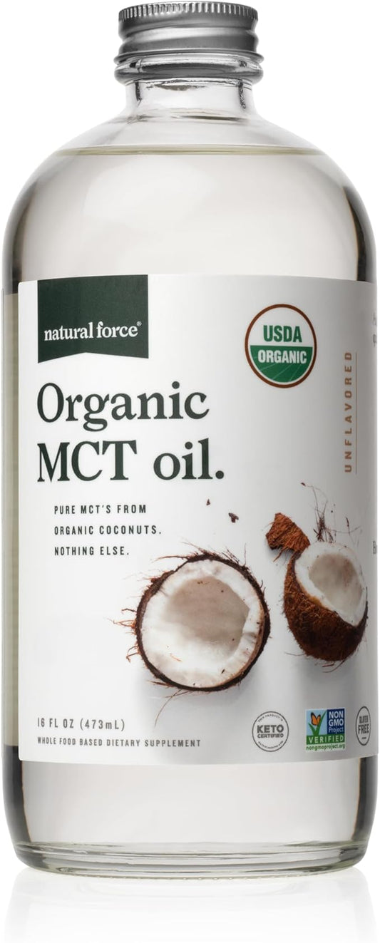 Natural Force 100% Virgin Coconut MCT Oil - 16oz Glass Bottle, Certified Keto, Paleo, Kosher, Vegan & Non-GMO