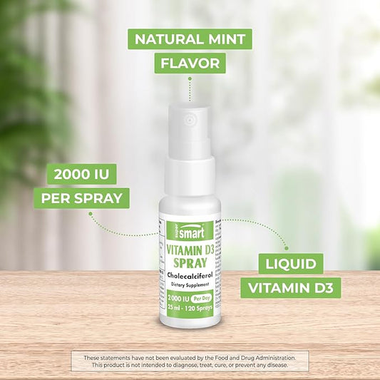 Supersmart - Vitamin D3 Spray 2000 IU per Day (Mint Flavor & Sugar Free) - Liquid Vitamin D Spray - Cholecalciferol Vitamin D3 | Non-GMO & Gluten Free - 25 ml