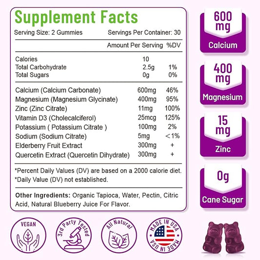 High Absorption Calcium Magnesium Zinc Gummies, D3 for 60 Cts