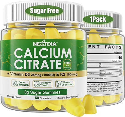 Calcium Citrate Gummies 1200mg with Vitamin D3 K2, Chewable Calcium Supplements for Women & Men, High Potency Support B0ne, Te*th, Strength & Immune Health, Mango Flavor, Non-GMO, Sugar Free, 60 Cts