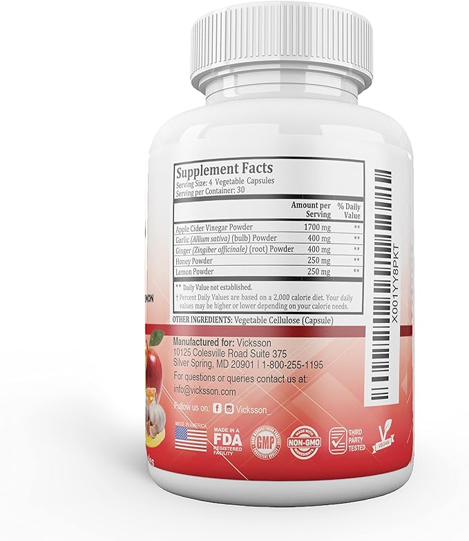 Vicksson Apple Cider Vinegar Pills 1700 mg of ACV with Garlic, Ginger, Lemon & Honey for Weight, Detox, Cleanse, Appetite, Bloating, Metabolism & Immune Support | 120 Capsules