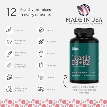 Vitamin D3 K2 D3 5000 5000 IU K2 as MK-7, Calcium, 60 Vegcaps, 60 Day