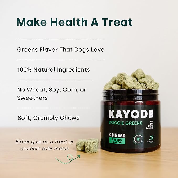 Doggie Greens - Natural Dog Vitamins & Probiotics for Dogs. No Messy Powder. Includes Spirulina, Kelp & Antioxidant Berry Mix. 6-in-1 Dog Supplements & Vitamins Chews. Super Greens for Dogs.