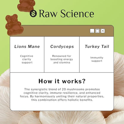 Mushrooms Complex Gummies with Lions Mane, Nootropic Brain Supplements for Memory and Focus: Lion's Mane, Cordyceps, Shiitake, Turkey Tail, Reishi, Chaga, Enoki, Oyster Mushroom Supplement - 60 Units
